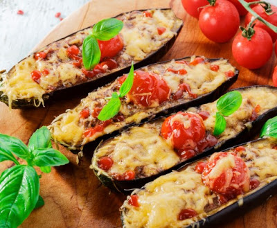 baked eggplant with cheese meat and tomatoes
